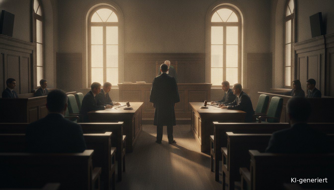 Gerichtssaal während der Verhandlung mit Richter, Anwälten und stehendem Angeklagten