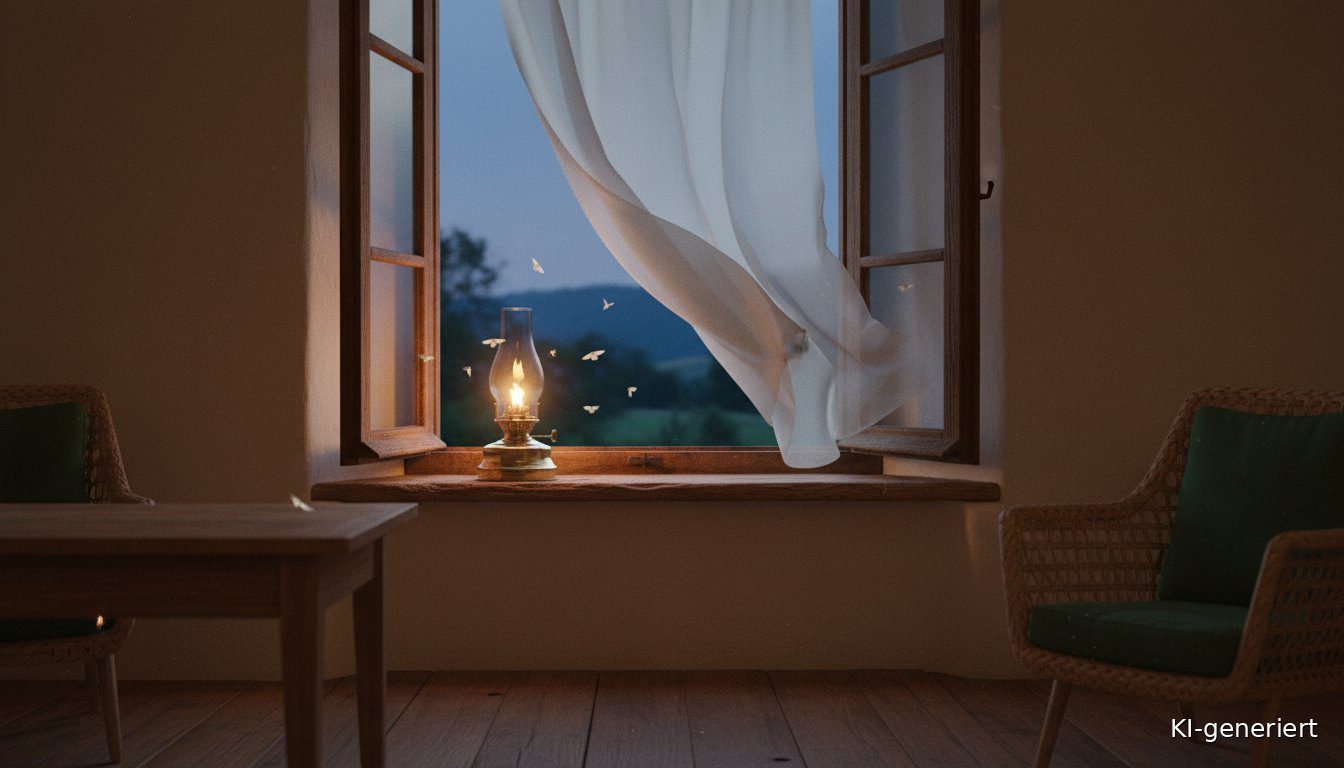 Offenes Fenster in der Dämmerung mit Petrollampe und Motten – Einfallstore für dämonische Besessenheit