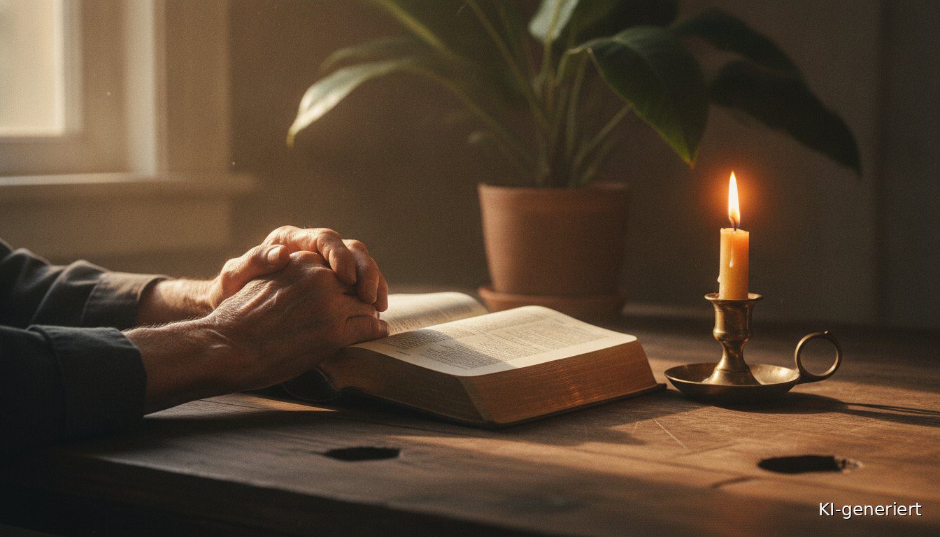 Hände ruhen auf einer aufgeschlagenen Bibel neben einer brennenden Kerze im Morgenlicht