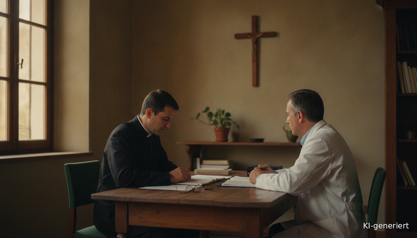 Priester und Arzt sitzen über Unterlagen an einem Tisch, im Hintergrund ein schlichtes Holzkreuz