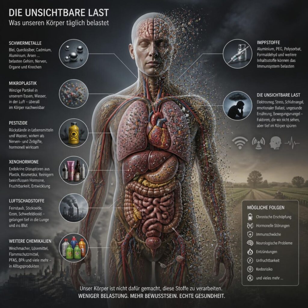 Infografik: Die unsichtbare Last – tägliche Umweltbelastungen des Körpers wie Schwermetalle, Mikroplastik, Pestizide und Luftschadstoffe
